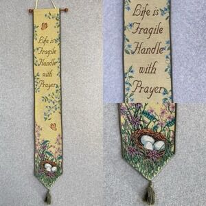 Life Is Fragile Handle With Prayer Tapestry Wall Hanging Cross Stitch Floral VTG